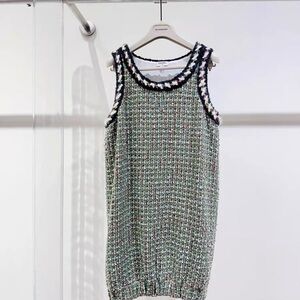 Authentic CHANEL Green and White Tweed Mini Dress